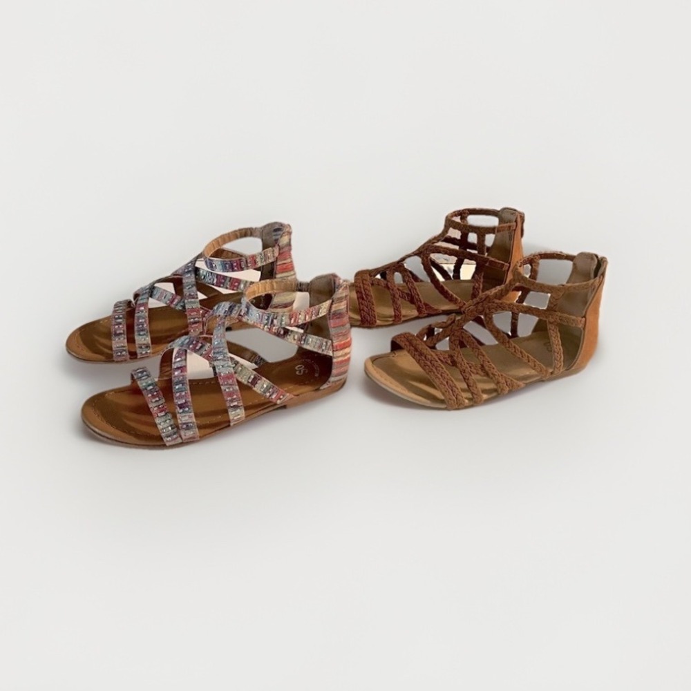 Set of 2 Pairs Girls Youth Size 2 Boho Strap Gladiator Sandals Shoes Footwear